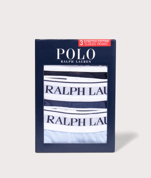 Polo Ralph Lauren Three Pack of Classic Stretch Cotton Trunks in Cruise Navy/Light Navy/Elite Blue, Stretch Cotton Blend. At EQVVS Menswear. Box shot 