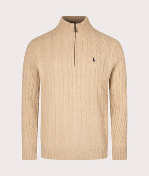 Polo Ralph Lauren Cashmere Blend Quarter Zip Cable Knit Jumper in Camel Melange at EQVVS Front Shot