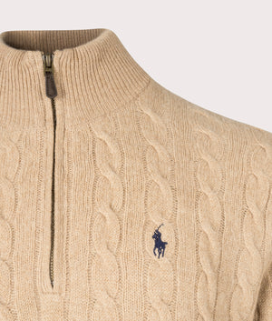 Polo Ralph Lauren Cashmere Blend Quarter Zip Cable Knit Jumper in Camel Melange at EQVVS Detail Shot