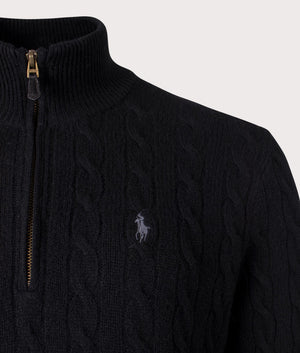 Polo Ralph Lauren Cashmere Blend Quarter Zip Cable Knit Jumper in Black at EQVVS Detail Shot