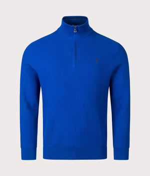 Polo Ralph Lauren Quarter Zip Contrast Logo Knit Jumper in Blue Saturn. Shot at EQVVS. Front shot. 