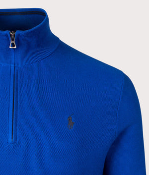 Polo Ralph Lauren Quarter Zip Contrast Logo Knit Jumper in Blue Saturn. Shot at EQVVS. Detail shot. 