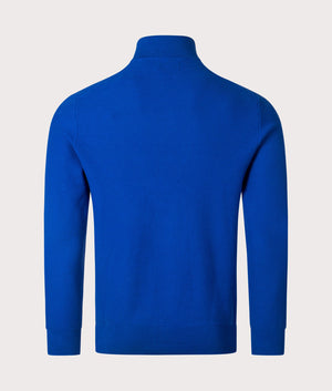 Polo Ralph Lauren Quarter Zip Contrast Logo Knit Jumper in Blue Saturn. Shot at EQVVS.  Back shot. 