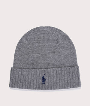 Polo Ralph Lauren Merino Wool Beanie in Fawn Grey Heather, 100% wool. EQVVS Front Shot.