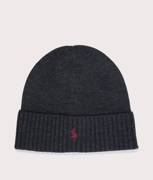 Polo Ralph Lauren Merino Wool Beanie in Dark Granite Heather, 100% wool. EQVVS Front Shot.