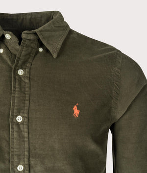 Polo Ralph Lauren Slim Fit Corduroy Shirt in Canopy Olive Green at EQVVS Detail Shot