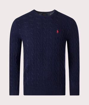 Polo Ralph Lauren Cashmere Blend Cable Knit Jumper in Hunter Navy, 90% Wool, 10% Cashmere at EQVVS. Front Shot. 