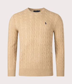 Polo Ralph Lauren Cashmere Blend Cable Knit Jumper in Camel Melange, 90% Wool, 10% Cashmere at EQVVS. Front Shot. 