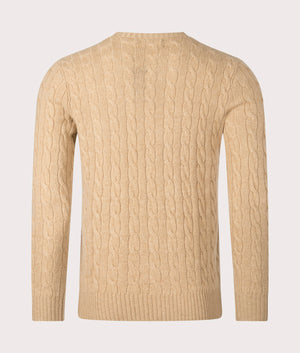 Polo Ralph Lauren Cashmere Blend Cable Knit Jumper in Camel Melange, 90% Wool, 10% Cashmere at EQVVS. Back Shot. 