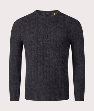 Cashmere Blend Cable Knit Jumper in Dark Granite Heather by Polo Ralph Lauren at EQVVS. Front Angle Shot.