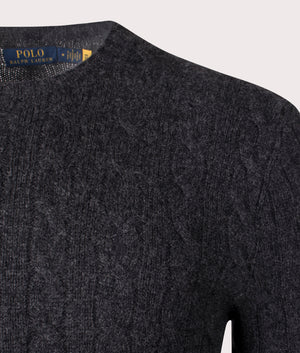 Cashmere Blend Cable Knit Jumper in Dark Granite Heather by Polo Ralph Lauren at EQVVS. Detail Shot.