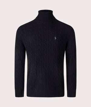 Polo Ralph Lauren Cable Wool-Cashmere Turtleneck Jumper in Polo Black at EQVVS. Front Shot. 