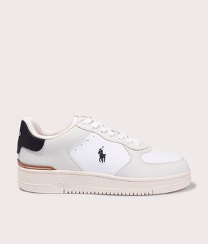 Polo Ralph Lauren Masters Court Nubuck & Leather Sneakers in White. Shot at EQVVS. Side shot.