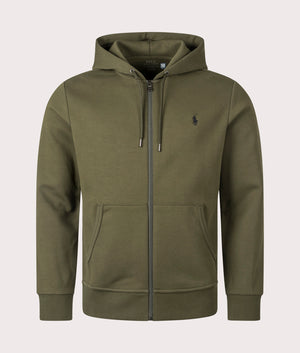 Polo Ralph Lauren Zip Through Double Knit Hoodie in Company Olive. Shot at EQVVS. Front shot. 