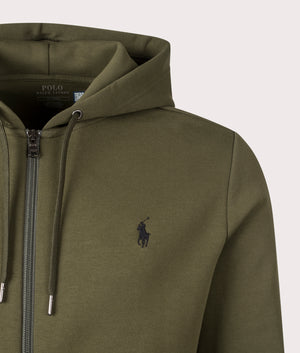 Polo Ralph Lauren Zip Through Double Knit Hoodie in Company Olive. Shot at EQVVS. Detail shot. 