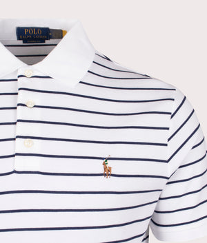 Polo Ralph Lauren Classic Fit Soft Cotton Polo Shirt in White/Refined Navy. Detail angle shot at EQVVS.