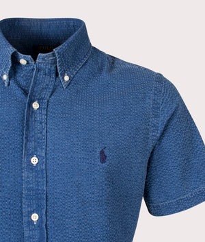 Custom Fit Short Sleeve Seersucker Shirt in Dark Indigo by Polo Ralph Lauren. EQVVS Detail Shot.
