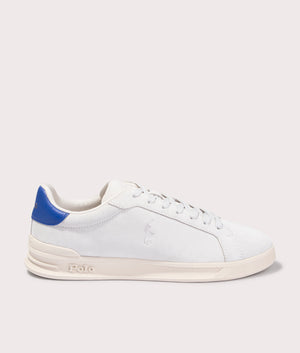 Polo Ralph Lauren Heritage Court II Suede Sneakers in Bianco/Royal. Shot at EQVVS. Side shot. 