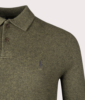 Polo Ralph Lauren Polo Collar Knit Jumper in Cargo Olive Heather. Detail Shot at EQVVS.