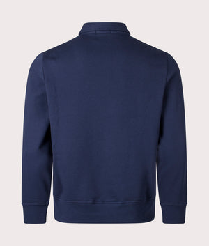 Polo Ralph Lauren Logo Fleece Collared Sweatshirt in Cruise Navy. Back angle shot at EQVVS.