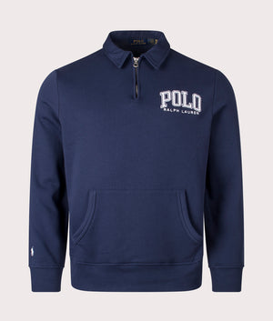 Polo Ralph Lauren Logo Fleece Collared Sweatshirt in Cruise Navy. Front angle shot at EQVVS.