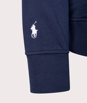 Polo Ralph Lauren Logo Fleece Collared Sweatshirt in Cruise Navy. Detail angle shot at EQVVS.