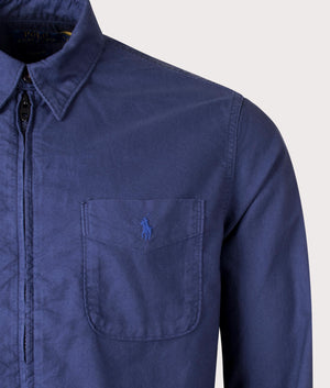 Garment Dyed Oxford Overshirt in Spring Navy by Polo Ralph Lauren. EQVVS Shot