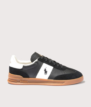 Polo Ralph Lauren Heritage Aera Leather Suede Sneakers in Black/White. Shot at EQVVS. Side shot. 