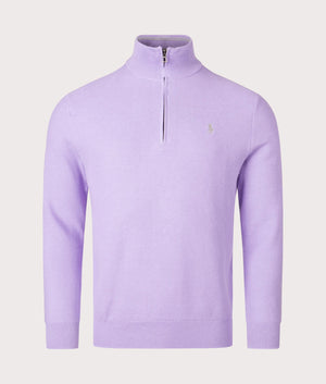 Polo Ralph Lauren Quarter Zip Contrast Logo Knit Jumper in Sky Lavender. Shot at EQVVS. Front shot. 