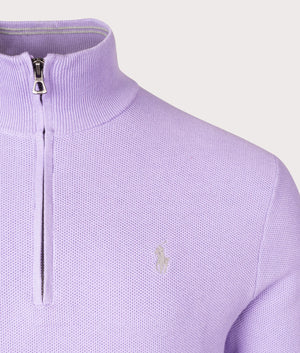 Polo Ralph Lauren Quarter Zip Contrast Logo Knit Jumper in Sky Lavender. Shot at EQVVS.  Detail shot. 