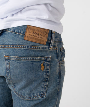 Polo Ralph Lauren Slim Fit Stretch Sullivan Jeans in Dixon Stretch, 99% Cotton at EQVVS. Detailed Logo Shot. 