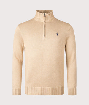 Polo Ralph Lauren Mesh-Knit Cotton Quarter Zip Pullover in Camel camouflage. Front shot at EQVVS.