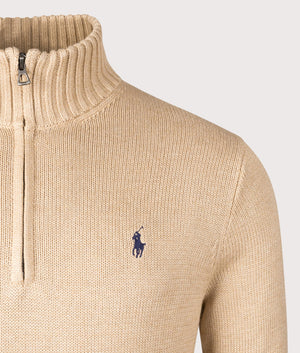 Polo Ralph Lauren Mesh-Knit Cotton Quarter Zip Pullover in Camel camouflage. Detail shot at EQVVS.