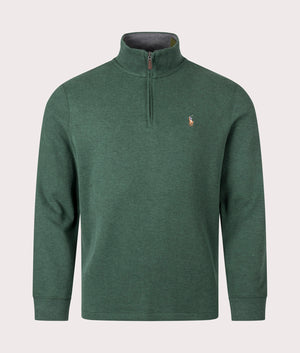 Polo Ralph Lauren Quarter Zip Estate Rib Knit in Scotch Pine Green Heather with Barclay Grey Heather interior. EQVVS Front Shot