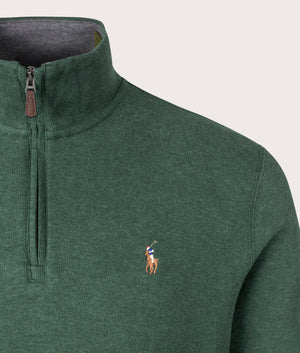 Polo Ralph Lauren Quarter Zip Estate Rib Knit in Scotch Pine Green Heather with Barley Grey Heather interior. EQVVS Detail Shot