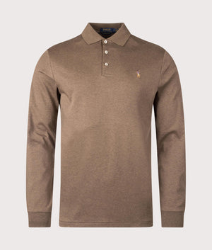 Polo Ralph Lauren Custom Slim Fit Long Sleeve Soft Cotton Polo Shirt in Cedar Heather brown. EQVVS Front Shot.