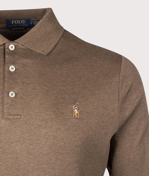 Polo Ralph Lauren Custom Slim Fit Long Sleeve Soft Cotton Polo Shirt in Cedar Heather brown. EQVVS Detail Shot.