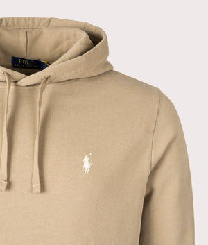 Polo Ralph Lauren Loopback Fleece Hoodie in Desert Khaki. Detail angle shot at EQVVS.