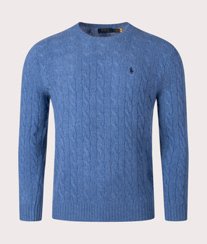 Polo Ralph Lauren Cashmere Blend Cable-Knit Jumper in Misty Harbour Heather, 10% Cashmere, 90% Cotton at EQVVS. Front Shot. 