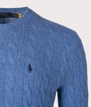 Polo Ralph Lauren Cashmere Blend Cable-Knit Jumper in Misty Harbour Heather, 10% Cashmere, 90% Cotton at EQVVS. Detailed Logo Shot. 