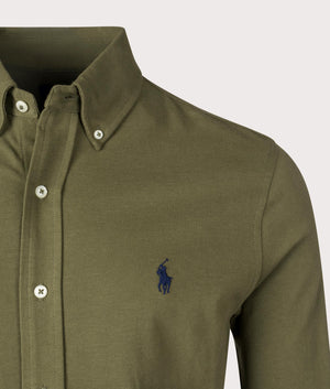 Polo Ralph Lauren Featherweight Mesh Shirt in New Olive. Shot at EQVVS. Detail shot. 