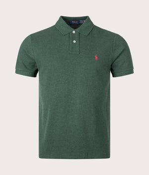 Polo Ralph Lauren Custom Slim Fit Mesh Polo Shirt in Scotch Pine Green Heather. EQVVS Front Shot