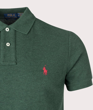 Polo Ralph Lauren Custom Slim Fit Mesh Polo Shirt in Scotch Pine Green Heather. EQVVS Detail Shot