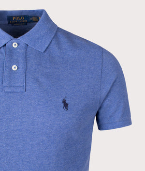 Polo Ralph Polo Custom Slim Fit Mesh Polo Shirt in Faded Royal Heather. EQVVS Detail Shot.