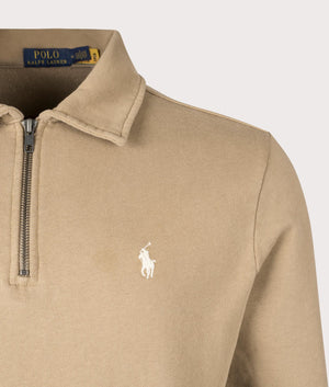 Desert Khaki Quarter Zip Loopback Sweatshirt by Polo Ralph Lauren. Detail shot, EQVVS. 