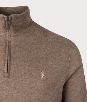 Estate-Rib Quarter Zip Knit in cedar Heather from Polo Ralph Lauren. Detail angle shot at EQVVS.