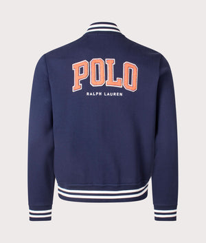 The RL Baseball Jacket in Cruise Navy by Polo Ralph Lauren at EQVVS. Back Angle Shot.