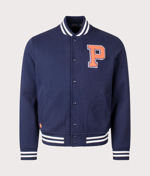 The RL Baseball Jacket in Cruise Navy by Polo Ralph Lauren at EQVVS. Front Angle Shot.