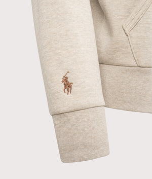 Polo Ralph Lauren Script Chest Logo Hoodie in Tuscan Beige Heather. EQVVS Detail Shot.