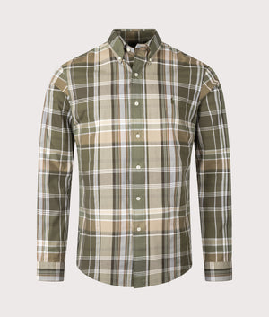 Polo Ralph Lauren Custom Fit Plaid Stretch Poplin Shirt in Checked Olive. EQVVS Front Shot.